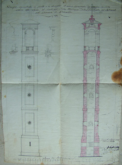 Disegno del campanile dell’antico santuario del Pagliarolo in territorio di Cornalba