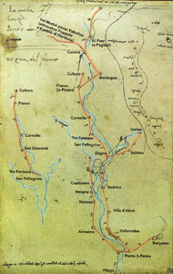 Mappa Valle Brembana di Leonardo da Vinci del 1510 con trascrizione dei nomi - VEDI IN GRANDE