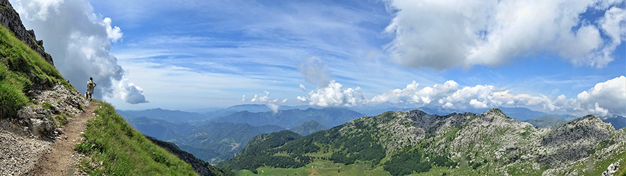 Sul sent. 502 in salita dal Passo La forca a Cima Alben con vista in Cima Spada e sui pascoli delle Baite d'Alben