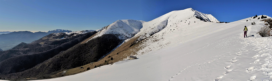 La lunga salita in cresta panoramica su traccia nella neve dal Passo al Pizzo Baciamorti 