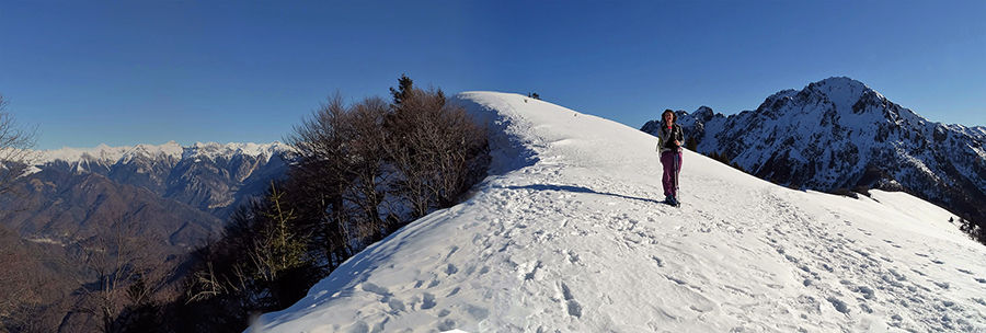 Primo tratto della lunga salita in cresta panoramica su traccia nella neve dal Passo al Pizzo Baciamorti 