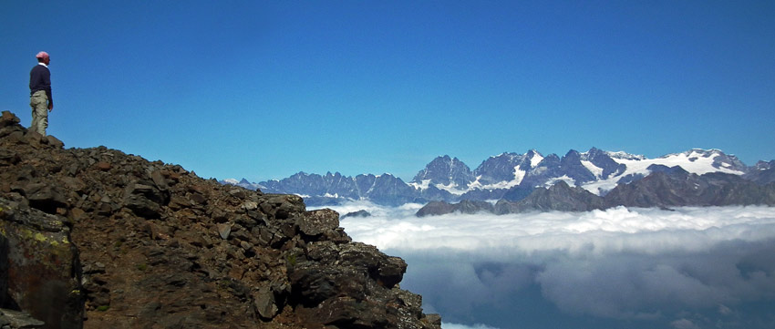 Panoramica dalla vetta del Pizzo Coca (3050 m.) verso il gruppo Bernina-Cevedale