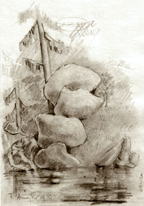  Ornica -Massi sul ruscello -  disegno a china di Renato Amaglio