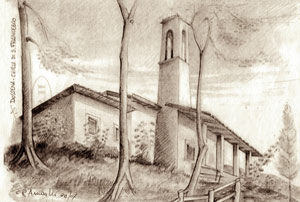 Chiesa di S. Francesco di Dossena - disegno a china di Renato Amaglio