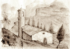 Chiesetta di S. Giacomo di Camerata Cornello - disegno a china di Renato Amaglio