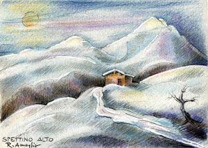 Scorcio da Spettino e il monte Gioco ammantati di neve - disegno di Renato Amaglio