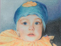 Autoritratto: disegno a pastelli colorati su cartoncino eseguito negli anni di Liceo Artistico da fotografia.