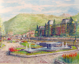 I giardini, la fontana, il Grand Hotel in un quadro di Mario Giupponi